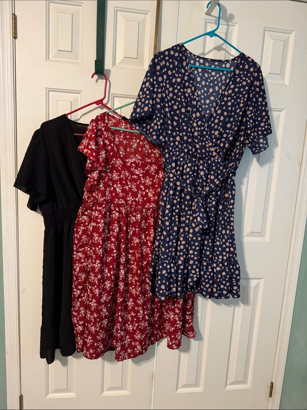 Three Women's Casual Summer Dresses - Navy Polka Dot, Red Floral, Black
